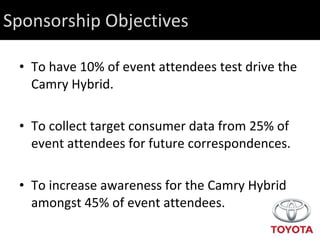 Sponsorship Objectives To have 10% of event attendees test drive the Camry Hybrid. To collect target consumer data from 25% of event attendees for future correspondences. To increase awareness for the Camry Hybrid amongst 45% of event attendees. 