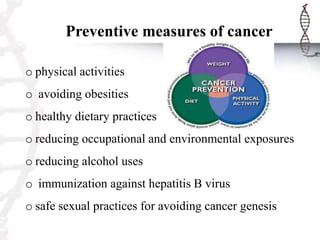 Preventive measures of cancer
o physical activities

o avoiding obesities
o healthy dietary practices
o reducing occupational and environmental exposures
o reducing alcohol uses
o immunization against hepatitis B virus

o safe sexual practices for avoiding cancer genesis

 