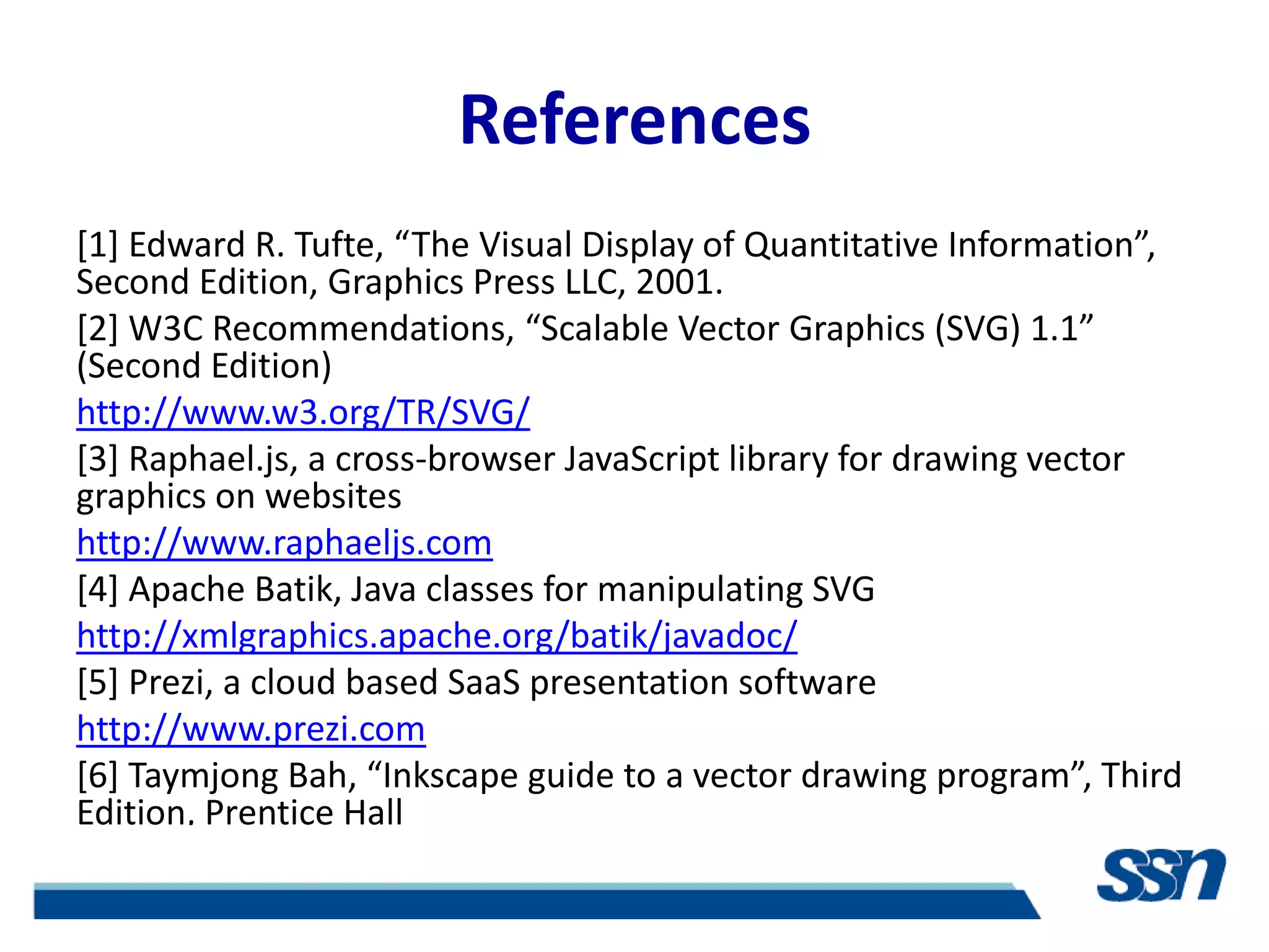 References
*1+ Edward R. Tufte, “The Visual Display of Quantitative Information”,
Second Edition, Graphics Press LLC, 2001.
*2+ W3C Recommendations, “Scalable Vector Graphics (SVG) 1.1”
(Second Edition)
http://www.w3.org/TR/SVG/
[3] Raphael.js, a cross-browser JavaScript library for drawing vector
graphics on websites
http://www.raphaeljs.com
[4] Apache Batik, Java classes for manipulating SVG
http://xmlgraphics.apache.org/batik/javadoc/
[5] Prezi, a cloud based SaaS presentation software
http://www.prezi.com
[6] Taymjong Bah, “Inkscape guide to a vector drawing program”, Third
Edition, Prentice Hall
 