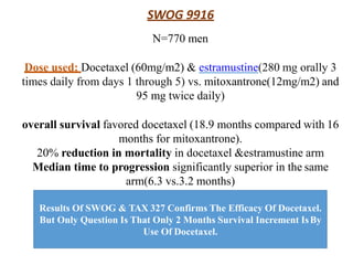 SWOG 9916
N=770 men
Dose used: Docetaxel (60mg/m2) & estramustine(280 mg orally 3
times daily from days 1 through 5) vs. mitoxantrone(12mg/m2) and
95 mg twice daily)
overall survival favored docetaxel (18.9 months compared with 16
months for mitoxantrone).
20% reduction in mortality in docetaxel &estramustine arm
Median time to progression significantly superior in the same
arm(6.3 vs.3.2 months)
Results Of SWOG & TAX 327 Confirms The Efficacy Of Docetaxel.
But Only Question Is That Only 2 Months Survival Increment IsBy
Use Of Docetaxel.
 