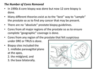 The Number of Cores Removed
• In 1990s 6 core biopsy was done but now 12 core biopsy is
done.
• Many different theories exist as to the “best” way to “sample”
the prostate so as to find any cancer that may be present.
• There are no “absolute” prostate biopsy guidelines.
• Cores from all major regions of the prostate so as to ensure
complete “geographic” coverage is done.
• Cores from any region of the prostate that felt suspicious
under DRE or TRUS is done.
• Biopsy sites included the
1. midlobe parasagittal plane
at the apex,
2. the midgland, and
3. the base bilaterally.
 