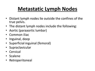 Metastatic Lymph Nodes
• Distant lymph nodes lie outside the confines of the
true pelvis.
• The distant lymph nodes include the following:
• Aortic (paraaortic lumbar)
• Common iliac
• Inguinal, deep
• Superficial inguinal (femoral)
• Supraclavicular
• Cervical
• Scalene
• Retroperitoneal
 