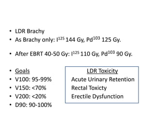 • LDR Brachy
• As Brachy only: I125 144 Gy, Pd103 125 Gy.
• After EBRT 40-50 Gy: I125 110 Gy, Pd103 90 Gy.
• Goals LDR Toxicity
• V100: 95-99% Acute Urinary Retention
• V150: <70% Rectal Toxicty
• V200: <20% Erectile Dysfunction
• D90: 90-100%
 