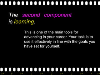>> 0 >> 1 >> 2 >> 3 >> 4 >>
The second component
is learning.
This is one of the main tools for
advancing in your career. Your task is to
use it effectively in line with the goals you
have set for yourself.
 