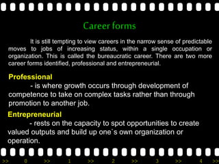 >> 0 >> 1 >> 2 >> 3 >> 4 >>
Careerforms
It is still tempting to view careers in the narrow sense of predictable
moves to jobs of increasing status, within a single occupation or
organization. This is called the bureaucratic career. There are two more
career forms identified, professional and entrepreneurial.
Professional
- is where growth occurs through development of
competence to take on complex tasks rather than through
promotion to another job.
Entrepreneurial
- rests on the capacity to spot opportunities to create
valued outputs and build up one`s own organization or
operation.
 
