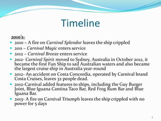 Timeline
2010’s-
 2010 – A fire on Carnival Splendor leaves the ship crippled
 2011 – Carnival Magic enters service
 2012 – Carnival Breeze enters service
 2012- Carnival Spirit moved to Sydney, Australia in October 2012, it
became the first Fun Ship to sail Australian waters and also became
the largest cruise ship in Australia year-round
 2012- An accident on Costa Concordia, operated by Carnival brand
Costa Cruises, leaves 32 people dead.
 2012-Carnival added features to ships, including the Guy Burger
Joint, Blue Iguana Cantina Taco Bar, Red Frog Rum Bar and Blue
Iguana Bar.
 2013- A fire on Carnival Triumph leaves the ship crippled with no
power for 5 days
7
 