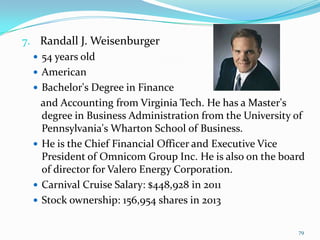 7. Randall J. Weisenburger
 54 years old
 American
 Bachelor's Degree in Finance
and Accounting from Virginia Tech. He has a Master's
degree in Business Administration from the University of
Pennsylvania's Wharton School of Business.
 He is the Chief Financial Officer and Executive Vice
President of Omnicom Group Inc. He is also on the board
of director for Valero Energy Corporation.
 Carnival Cruise Salary: $448,928 in 2011
 Stock ownership: 156,954 shares in 2013
79
 