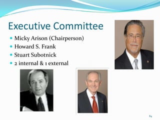Executive Committee
 Micky Arison (Chairperson)
 Howard S. Frank
 Stuart Subotnick
 2 internal & 1 external
84
 