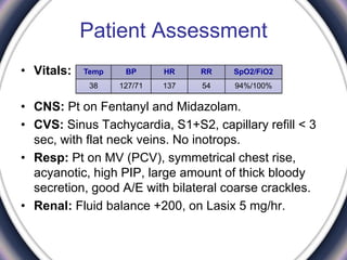Patient Assessment
• Vitals:
• CNS: Pt on Fentanyl and Midazolam.
• CVS: Sinus Tachycardia, S1+S2, capillary refill ˂ 3
sec, with flat neck veins. No inotrops.
• Resp: Pt on MV (PCV), symmetrical chest rise,
acyanotic, high PIP, large amount of thick bloody
secretion, good A/E with bilateral coarse crackles.
• Renal: Fluid balance +200, on Lasix 5 mg/hr.
SpO2/FiO2RRHRBPTemp
94%/100%54137127/7138
 