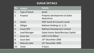 No. Subject Details
1. Type of Sukuk Ijarah
2. Purpose Property development at Dubai
Waterfront
3. Assets DWF South & Crescent Lands
4. Obligor Nakheel Holdings (1, 2, 3)
5. Issuer/SPV Nakheel Development Limited
6. Lead Manager Dubai Islamic Bank/Barclays Capital
7. Issue size USD $ 3.52 Billion
8. Issue date 14th
December 2006
9. Maturity date 14th
December 2009
10. Tenor 3 Years
SUKUK DETAILS
 