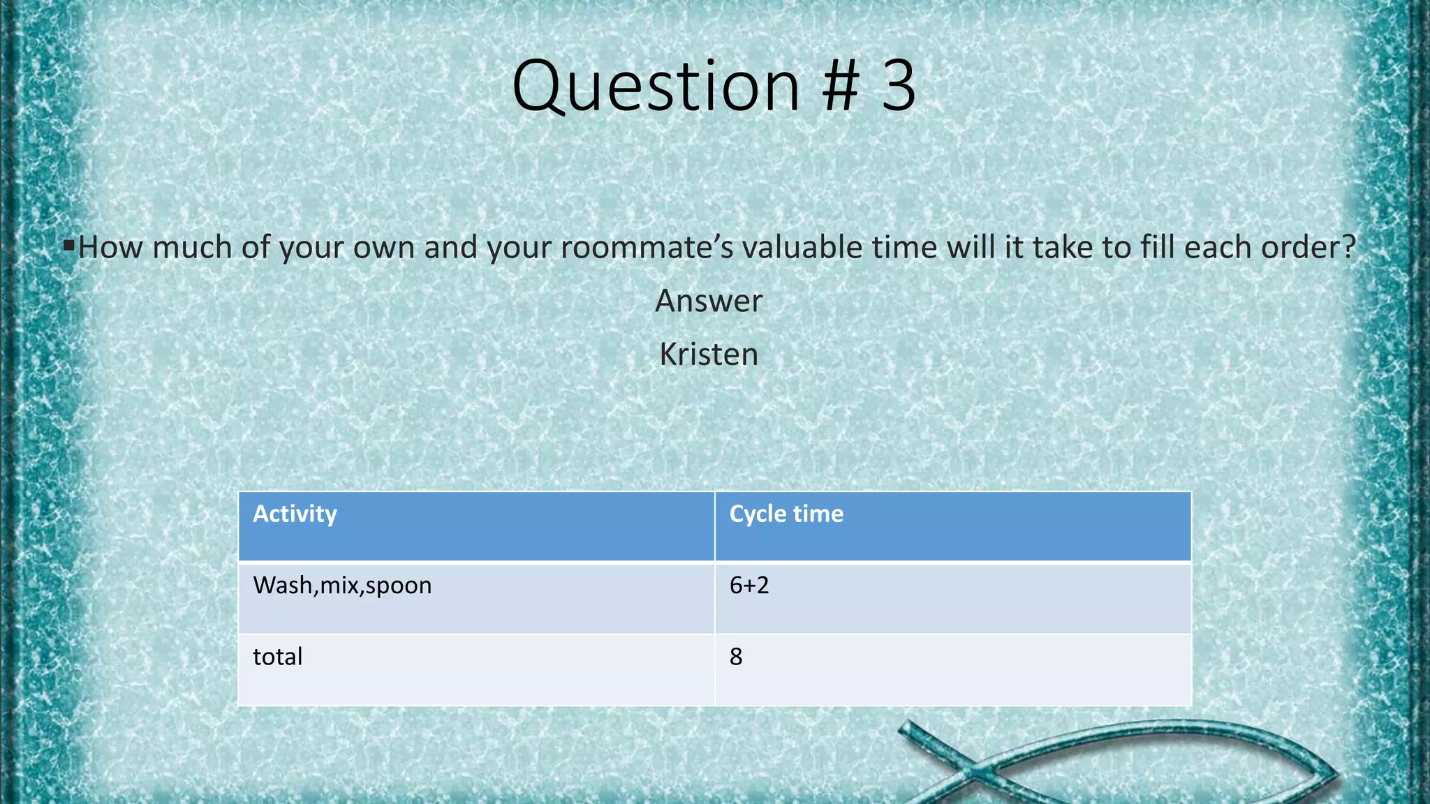Question # 3
How much of your own and your roommate’s valuable time will it take to fill each order?
Answer
Kristen
Activity Cycle time
Wash,mix,spoon 6+2
total 8
 