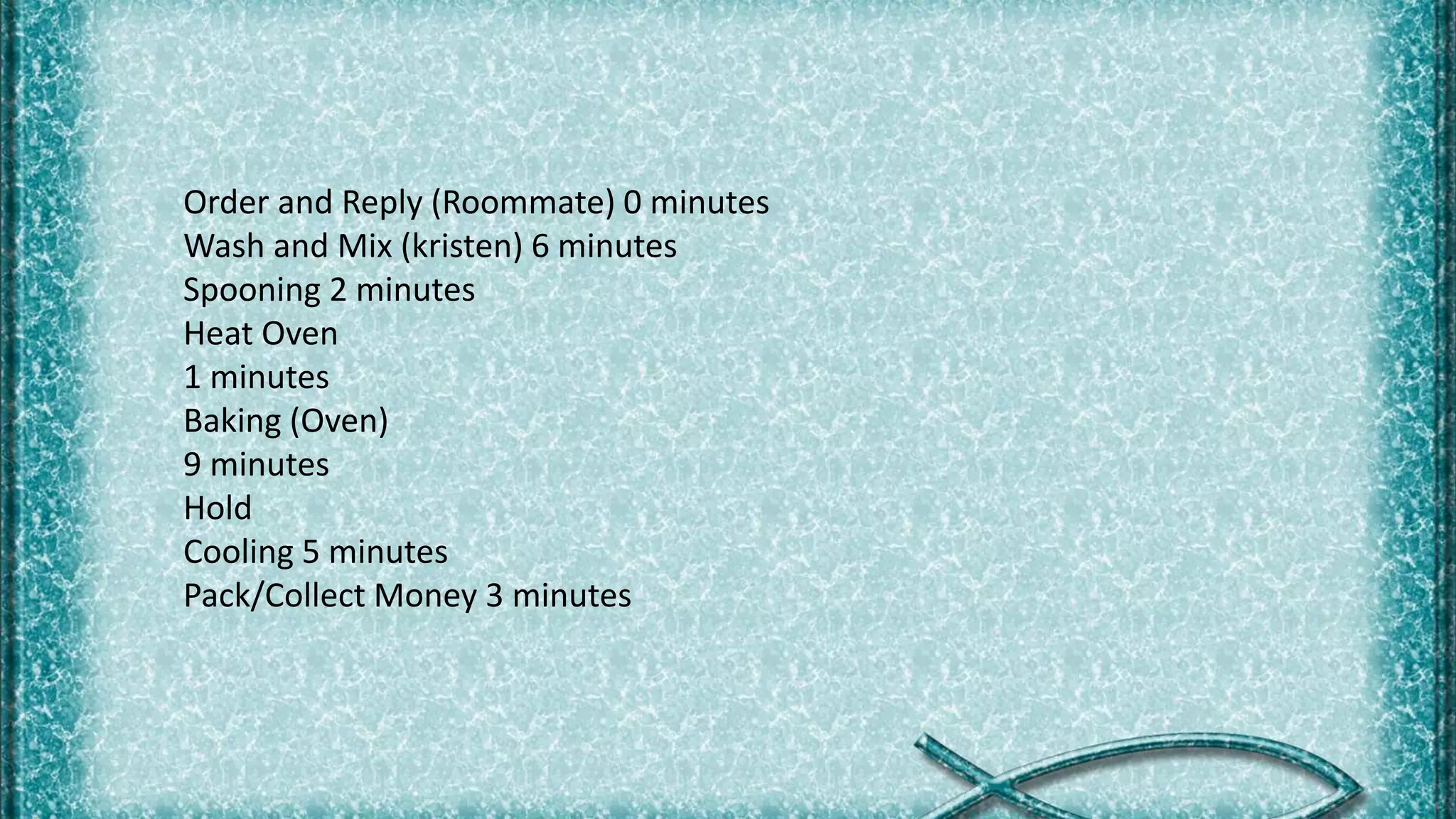 Order and Reply (Roommate) 0 minutes
Wash and Mix (kristen) 6 minutes
Spooning 2 minutes
Heat Oven
1 minutes
Baking (Oven)
9 minutes
Hold
Cooling 5 minutes
Pack/Collect Money 3 minutes
 