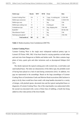 04E0750      Kildare County Council Sewerage Scheme, Castledermot town, Co. Kildare                  ISSUE 7: Eachtra Journal - ISSN 2009-2237




             Fabric-type                        Sherds       MNV        MVR        Form                      Date

             Leinster Cooking Ware                134          1          >8       2 jugs, >6 cooking pots   L12th-14th
             Dublin-type coarseware                9           1           3       Pipkin, 2 jugs            L12th-E13th
             Dublin-type ware                      2           -           1       Jug                       13th
             Dublin-type cooking ware              14          -           1       Cooking pot               13th
             Castledermot-type                    418          9          >10      Jugs, dripping dish       13th-14th
             Redcliffe?                            3           1           1       Jug                       M13th-14th
             Miscellaneous French                  3           -           1       Jug                       13th
             Saintonge green glazed                2           -           1       Jug                       13th-14th
                           Total medieval         585         12          >26



             Table 1: Medieval pottery from Castledermot (04E750).


             Leinster Cooking Ware:
             'Leinster Cooking Ware is the single most widespread medieval pottery type in
             Leinster' (Ó Floinn 1988, 340). It has been found in varying quantities on both urban
             and rural sites from Dungarvan to Dublin and further north. The fabric contains large
             plates of mica, quartz grits and other inclusions such as decomposed feldspar (ibid
             327).
                 The sherds represent the typical cooking pots with everted rims, ovoid bodies and
             sand-marked bases. The latter are characteristic of this fabric type, the probable result
             of having been placed on a bed of sand during construction (ibid.). In addition, two
             jugs are represented in the assemblage. Based on the large assemblages of Leinster
             Cooking Ware at Carrickmines Castle and Merrion Road excavations (McCutcheon in
             prep (c & d)), these would have been small, with strap handles decorated in a variety
             of designs, with pinched spouts, decorated rims and the typical sand-gritted bases so
             diagnostic of Leinster Cooking Ware. One of the strap handles was undecorated while
             the second was decorated with a series of three lines of stabbing, a fourth line being
             added in at the wider portion of the lower handle.




Permalink: http://eachtra.ie/index.php/journal/04e0750-castledermot-town-co-kildare/                                                      195
 