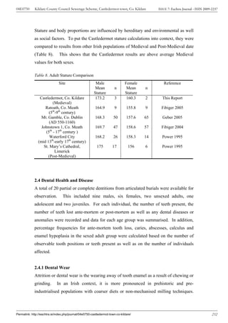 04E0750      Kildare County Council Sewerage Scheme, Castledermot town, Co. Kildare           ISSUE 7: Eachtra Journal - ISSN 2009-2237




             Stature and body proportions are influenced by hereditary and environmental as well
             as social factors. To put the Castledermot stature calculations into context, they were
             compared to results from other Irish populations of Medieval and Post-Medieval date
             (Table 8).        This shows that the Castledermot results are above average Medieval
             values for both sexes.

             Table 8. Adult Stature Comparison
                               Site                       Male                 Female            Reference
                                                          Mean          n       Mean     n
                                                         Stature               Stature
                 Castledermot, Co. Kildare                173.2         3       160.3    2      This Report
                         (Medieval)
                    Ratoath, Co. Meath                   164.9          9       155.8    9      Fibiger 2005
                      (5th-9th century)
                  Mt. Gamble, Co. Dublin                 168.3         50       157.6    65     Geber 2005
                      (AD 550-1160)
                  Johnstown 1, Co. Meath                 169.7         47       158.6    57     Fibiger 2004
                    (5th - 17th century )
                       Waterford City                    168.2         26       158.3    14     Power 1995
                (mid 13th-early 17th century)
                   St. Mary’s Cathedral,                   175        17         156     6      Power 1995
                          Limerick
                      (Post-Medieval)




             2.4 Dental Health and Disease
             A total of 20 partial or complete dentitions from articulated burials were available for
             observation.         This included nine males, six females, two unsexed adults, one
             adolescent and two juveniles. For each individual, the number of teeth present, the
             number of teeth lost ante-mortem or post-mortem as well as any dental diseases or
             anomalies were recorded and data for each age group was summarised. In addition,
             percentage frequencies for ante-mortem tooth loss, caries, abscesses, calculus and
             enamel hypoplasia in the sexed adult group were calculated based on the number of
             observable tooth positions or teeth present as well as on the number of individuals
             affected.


             2.4.1 Dental Wear
             Attrition or dental wear is the wearing away of tooth enamel as a result of chewing or
             grinding.       In an Irish context, it is more pronounced in prehistoric and pre-
             industrialised populations with coarser diets or non-mechanised milling techniques.



Permalink: http://eachtra.ie/index.php/journal/04e0750-castledermot-town-co-kildare/                                               232
 