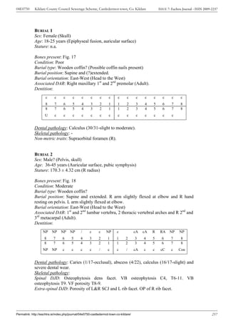 04E0750      Kildare County Council Sewerage Scheme, Castledermot town, Co. Kildare                  ISSUE 7: Eachtra Journal - ISSN 2009-2237




             BURIAL 1
             Sex: Female (Skull)
             Age: 18-25 years (Epiphyseal fusion, auricular surface)
             Stature: n.a.

             Bones present: Fig. 17
             Condition: Poor
             Burial type: Wooden coffin? (Possible coffin nails present)
             Burial position: Supine and (?)extended.
             Burial orientation: East-West (Head to the West)
             Associated DAR: Right maxillary 1st and 2nd premolar (Adult).
             Dentition:
                     c      c     c      c     c      c      c     c      c      c      c    c   c     c      c     c
                     8      7     6      5     4      3      2     1      1      2     3    4    5     6      7     8
                     8      7     6      5     4      3      2     1      1      2     3    4    5     6      7     8
                     U      c     c      c     c      c      c     c      c      c      c    c   c     c      c


             Dental pathology: Calculus (30/31-slight to moderate).
             Skeletal pathology: -
             Non-metric traits: Supraorbital foramen (R).


             BURIAL 2
             Sex: Male? (Pelvis, skull)
             Age: 36-45 years (Auricular surface, pubic symphysis)
             Stature: 170.3 ± 4.32 cm (R radius)

             Bones present: Fig. 18
             Condition: Moderate
             Burial type: Wooden coffin?
             Burial position: Supine and extended. R arm slightly flexed at elbow and R hand
             resting on pelvis. L arm slightly flexed at elbow.
             Burial orientation: East-West (Head to the West)
             Associated DAR: 1st and 2nd lumbar vertebra, 2 thoracic vertebral arches and R 2nd and
             3rd metacarpal (Adult).
             Dentition:
                   NP     NP    NP     NP      /     c      c    NP      c             cA   cA   R    RA    NP     NP
                    8      7     6      5      4     3      2      1     1      2      3    4    5     6     7      8
                    8      7     6      5      4     3      2      1     1      2      3    4    5     6     7      8
                   NP     NP      c     c      c     c      /      c     c      /      cA   c    c    cC     c    Con


             Dental pathology: Caries (1/17-occlusal), abscess (4/22), calculus (16/17-slight) and
             severe dental wear.
             Skeletal pathology:
             Spinal DJD: Osteophytosis dens facet. VB osteophytosis C4, T6-11. VB
             osteophytosis T9. VF porosity T8-9.
             Extra-spinal DJD: Porosity of L&R SCJ and L rib facet. OP of R rib facet.




Permalink: http://eachtra.ie/index.php/journal/04e0750-castledermot-town-co-kildare/                                                      257
 