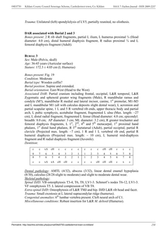 04E0750      Kildare County Council Sewerage Scheme, Castledermot town, Co. Kildare                   ISSUE 7: Eachtra Journal - ISSN 2009-2237




             Trauma: Unilateral (left) spondylolysis of LV5, partially reunited, no olisthesis.


             DAR associated with Burial 2 and 3
             Bones present: 2 R rib shaft fragments, partial L ilium, L humerus proximal ¾ (Head
             diameter: 4.0 cm), distal humeral diaphysis fragment, R radius proximal ¾ and L
             femoral diaphysis fragment (Adult).


             BURIAL 3
             Sex: Male (Pelvis, skull)
             Age: 36-45 years (Auricular surface)
             Stature: 172.3 ± 4.05 cm (L Humerus)

             Bones present: Fig. 19
             Condition: Moderate
             Burial type: Wooden coffin?
             Burial position: Supine and extended.
             Burial orientation: East-West (Head to the West)
             Associated DAR: Partial cranium including frontal, occipital, L&R temporal, L&R
             Zygomatic and sphenoid greater wing fragments (Male), R mandibular ramus and
             condyle (M?), mandibular R medial and lateral incisor, canine, 1st premolar, M1-M3
             and L mandibular M1 (all with calculus deposits slight dental wear), L acromion and
             partial scapular spine, 1 L and 5 R vertebral rib ends, upper thoracic body and partial
             arch, L pubic symphysis, acetabular fragment, fragmented L ulna (Max. length: ~27
             cm), L distal radial fragment, fragmented L femur (Head diameter: 4.8 cm; epicondyl.
             breadth: 8.0 cm; AP diameter: 3 cm; ML diameter: 3.2 cm), R greater trochanter and
             femoral diaphysis fragments, L 1st, 2nd, 4th and 5th metacarpal, 1st proximal hand
             phalanx, 1st distal hand phalanx, R 3rd metatarsal (Adult), partial occipital, partial R
             clavicle (Projected max. length: ~7 cm), 1 R and 1 L vertebral rib end, partial R
             humeral diaphysis (Projected max. length: ~ 10 cm), L humeral mid-diaphysis
             fragment and R radial diaphysis fragment (Juvenile).
             Dentition:
                     c      c    xA     cH     c      c      c     c      c      c     c    cH   cH     c      c     c
                     8      7     6      5     4      3      2     1      1      2     3    4    5      6      7     8
                     8      7     6      5     4      3      2     1      1      2     3    4    5      6      7     8
                     c      c    xA     xA    cH     cH      c     c      c      c     cH   cH   cH     c      x     c


             Dental pathology: AMTL (4/32), abscess (3/32), linear dental enamel hypoplasia
             (8/30), calculus (28/28-slight to moderate) and slight to moderate dental wear.
             Skeletal pathology:
             Spinal DJD: VB osteophytosis T3-4, T6, T8, LV1-3. Schmorl’s nodes T6-12, LV1-3.
             VF ostephytosis T5. L lateral compression of VB T8.
             Extra-spinal DJD: Osteophytosis of L&R TMJ and hip. DJD L&R rib head and facet.
             Trauma: Small exostosis at L lateral supracondylar ridge (humerus).
             Congenital anomalies: 6th lumbar vertebra present. Cleft neural arch of C1.
             Miscellaneous conditions: Robust insertion for L&R M. deltoid (Humerus).




Permalink: http://eachtra.ie/index.php/journal/04e0750-castledermot-town-co-kildare/                                                       258
 