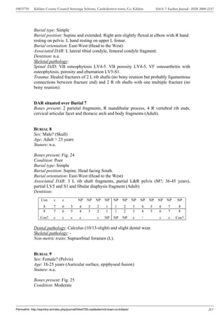 04E0750      Kildare County Council Sewerage Scheme, Castledermot town, Co. Kildare                   ISSUE 7: Eachtra Journal - ISSN 2009-2237




             Burial type: Simple
             Burial position: Supine and extended. Right arm slightly flexed at elbow with R hand
             resting on pelvis. L hand resting on upper L femur.
             Burial orientation: East-West (Head to the West)
             Associated DAR: L lateral tibial condyle, femoral condyle fragment.
             Dentition: n.a.
             Skeletal pathology:
             Spinal DJD: VB osteophytosis LV4-5. VB porosity LV4-5. VF osteoarthritis with
             osteophytosis, porosity and eburnation LV5-S1.
             Trauma: Healed fractures of 2 L rib shafts (no bony reunion but probably ligamentous
             connections between fracture end) and 2 R rib shafts with one multiple fracture (no
             bony reunion).


             DAR situated over Burial 7
             Bones present: 2 parietal fragments, R mandibular process, 4 R vertebral rib ends,
             cervical articular facet and thoracic arch and body fragments (Adult).


             BURIAL 8
             Sex: Male? (Skull)
             Age: Adult > 25 years
             Stature: n.a.

             Bones present: Fig. 24
             Condition: Poor
             Burial type: Simple
             Burial position: Supine. Head facing South.
             Burial orientation: East-West (Head to the West)
             Associated DAR: 3 L rib shaft fragments, partial L&R pelvis (M?; 36-45 years),
             partial LV5 and S1 and fibular diaphysis fragment (Adult).
             Dentition:
                  Con       c     c           NP    NP     NP     NP    NP     NP      NP   NP   NP    NP    NP      NP
                    8       7     6     5      4      3     2      1     1      2      3    4    5      6     7       8
                    8       7     6     5      4      3     2      1     1      2      3    4    5      6     7       8
                  Con?      c     c     c      c            c     NP    NP     NP      c    /           c     c     Con?

             Dental pathology: Calculus (10/13-slight) and slight dental wear.
             Skeletal pathology: -
             Non-metric traits: Supraorbital foramen (L).


             BURIAL 9
             Sex: Female? (Pelvis)
             Age: 18-25 years (Auricular surface, epiphyseal fusion)
             Stature: n.a.

             Bones present: Fig. 25
             Condition: Moderate




Permalink: http://eachtra.ie/index.php/journal/04e0750-castledermot-town-co-kildare/                                                       261
 