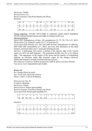 04E0750      Kildare County Council Sewerage Scheme, Castledermot town, Co. Kildare                 ISSUE 7: Eachtra Journal - ISSN 2009-2237




             Burial type: Simple
             Burial position: n.a.
             Burial orientation: East-West (Head to the West)
             Dentition:
                      cH     H            c           cH    cH     c      c    cH      cH   c   c    c    cH    cH
                       8     7     6      5     4      3     2     1      1     2      3    4   5    6     7     8
                       8     7     6      5     4      3     2     1      1     2      3    4   5    6     7     8
                      cH    cH     c      c     c     cH    cH     c      c    cH      cH   c   c    c    cH    cH

             Dental pathology: Calculus (29/32-slight to moderate), pitted enamel hypoplasia
             (16/29), mild periodontal disease and slight to moderate tooth wear.
             Skeletal pathology:
             Spinal DJD: Osteophytosis of dens. VB osteophytosis C5, T5, T9, T12, LV1, KV3.
             VB porosity C5-6. Schmorl’s nodes T8-12. VF porosity C2.
             Extra-spinal DJD: Porosity of L ACJ and L&R rib head. Osteophytosis of L&R hip.
             DJD L&R GHJ. Osteoarthritis of L elbow and wrist with eburnation on the distal
             humerus, proximal radius and 1st metacarpo-phalangeal joint.
             Infection: A perforating, lytic lesion is present at the superior edge of the visceral
             aspect of a R(?) rib shaft fragment. The perforation divides into two at its inferior
             edge. The appearance of the margin of the lesion and the absence of remodelling
             indicates an infectious rather than traumatic origin for the changes observed.
             Differential diagnosis includes localised infection and cyst.
             Miscellaneous conditions: Robust insertion for L&R M. gluteus maximus (Femur).
             Non-metric traits: Supraorbital notch (L&R).


             BURIAL 12
             Sex: Female (Pelvis & skull)
             Age: 36-45 years (Auricular surface)
             Stature: 160.6 ± 4.24 cm (R Radius)

             Bones present: Fig. 28
             Condition: Moderate
             Burial type: Simple
             Burial position: Supine and extended.
             Burial orientation: East-West (Head to the West)
             Associated DAR: Partial adult mandible (F?).
                      8      7     6      5     4      3     2      1      1     2      3   4   5     6     7     8
                     NP    NP     NP     NP     c     NP    NP     NP      /     c      c   c   c     c     c     c

             Dentition:
                      c      c      c     c     c      c     c     c      c     c      c    c   c    c     c      c
                      8      7     6      5     4      3     2     1      1     2      3    4   5    6     7      8
                      8      7     6      5     4      3     2     1      1     2      3    4   5    6     7      8
                    Con      c      c     c     c      c     c     c      c     c      /    c   c    c     c    Con




Permalink: http://eachtra.ie/index.php/journal/04e0750-castledermot-town-co-kildare/                                                     263
 