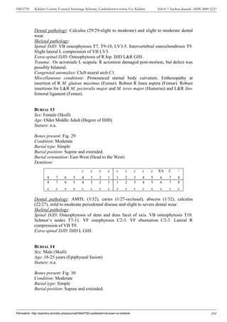 04E0750      Kildare County Council Sewerage Scheme, Castledermot town, Co. Kildare                ISSUE 7: Eachtra Journal - ISSN 2009-2237




             Dental pathology: Calculus (29/29-slight to moderate) and slight to moderate dental
             wear.
             Skeletal pathology:
             Spinal DJD: VB osteophytosis T7, T9-10, LV3-5. Intervertebral osteochondrosis T9.
             Slight lateral L compression of VB LV3.
             Extra-spinal DJD: Osteophytosis of R hip. DJD L&R GHJ.
             Trauma: Os acromiale L scapula. R acromion damaged post-mortem, but defect was
             possibly bilateral.
             Congenital anomalies: Cleft neural arch C1.
             Miscellaneous conditions: Pronounced sternal body curvature. Enthesopathy at
             insertion of R M. gluteus maximus (Femur). Robust R linea aspera (Femur). Robust
             insertions for L&R M. pectoralis major and M. teres major (Humerus) and L&R ilio-
             femoral ligament (Femur).


             BURIAL 13
             Sex: Female (Skull)
             Age: Older Middle Adult (Degree of DJD)
             Stature: n.a.

             Bones present: Fig. 29
             Condition: Moderate
             Burial type: Simple
             Burial position: Supine and extended.
             Burial orientation: East-West (Head to the West)
             Dentition:
                                                c     c      c     c     c      c      c   c   c   RA     C      /
                      8      7     6      5     4     3      2     1     1      2      3   4   5    6     7     8
                      8      7     6      5     4     3      2     1     1      2      3   4   5    6     7     8
                      c      c     x      x     c     c      c     c     c      c      c   c   x    c      c     c

             Dental pathology: AMTL (3/32), caries (1/27-occlusal), abscess (1/32), calculus
             (22/27), mild to moderate periodontal disease and slight to severe dental wear.
             Skeletal pathology:
             Spinal DJD: Osteophytosis of dens and dens facet of axis. VB osteophytosis T10.
             Schmor’s nodes T7-11. VF ostephytosis C2-3. VF eburnation C2-3. Lateral R
             compression of VB T9.
             Extra-spinal DJD: DJD L GHJ.


             BURIAL 14
             Sex: Male (Skull)
             Age: 18-25 years (Epiphyseal fusion)
             Stature: n.a.

             Bones present: Fig. 30
             Condition: Moderate
             Burial type: Simple
             Burial position: Supine and extended.




Permalink: http://eachtra.ie/index.php/journal/04e0750-castledermot-town-co-kildare/                                                    264
 