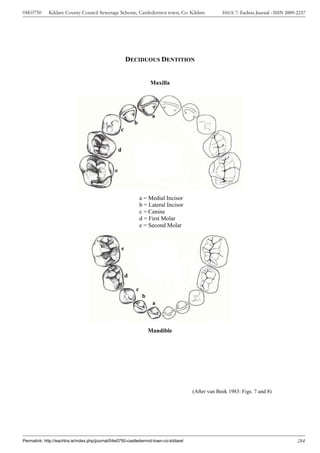 04E0750      Kildare County Council Sewerage Scheme, Castledermot town, Co. Kildare                    ISSUE 7: Eachtra Journal - ISSN 2009-2237




                                                            DECIDUOUS DENTITION


                                                                         Maxilla




                                                                          a
                                                                b
                                                    c


                                                    d


                                                e



                                                                    a = Medial Incisor
                                                                    b = Lateral Incisor
                                                                    c = Canine
                                                                    d = First Molar
                                                                    e = Second Molar


                                                        e



                                                            d

                                                                c
                                                                     b
                                                                          a



                                                                         Mandible




                                                                                          (After van Beek 1983: Figs. 7 and 8)




Permalink: http://eachtra.ie/index.php/journal/04e0750-castledermot-town-co-kildare/                                                        284
 