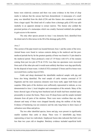 04E0750      Kildare County Council Sewerage Scheme, Castledermot town, Co. Kildare    ISSUE 7: Eachtra Journal - ISSN 2009-2237




             bones were relatively common and there was some evidence in the form of chop
             marks to indicate that the carcass had been dismembered. A metacarpus of a small
             pony was identified from the ditch (C24) and this feature also contained two teeth
             from a larger equid. The distal end of a radius from a drainage gully (C45) was split
             medially in an apparent attempt to extract marrow. This feature also yielded the
             proximal portion of a metacarpus which was crudely fractured midshaft also perhaps
             to gain access to the marrow.
                       The only other species present in Area 1 was domestic fowl, identified from
             the distal end of a tibio-tarsus in the fill of the drainage gully (F45).


             Area 2
             This section of the pipe trench was located between Area 1 and the centre of the town.
             Animal bones were found in various contexts dating to the medieval and the post-
             medieval periods but by far the greatest quantity of bone was found in 13 pits dated to
             the medieval period. These produced a total of 119 bones with 61% of the remains
             coming from just two pits (C78 & C319). Less than ten specimens were recovered
             from each of the other pits and it would seem unlikely that these were dug specifically
             for the disposal of meat waste. A ditch (C352) contained 12 bones and five bones were
             recovered from a surface layer (C362).
                       Cattle and sheep dominated the identifiable medieval sample with pig and
             horse also being identified. The total sample of cattle remains consisted of 33
             fragments and the most numerous elements were loose teeth, upper limb bones and
             scapulae. Other parts of the skeleton were sufficiently represented to indicate, as was
             demonstrated in Area 1, local slaughter and consumption of the animals. Many of the
             bones showed signs of having been butchered and all skulls had been smashed open,
             presumably to extract the brains. There were 28 sheep bones and the sample included
             elements from all parts of the skeleton. There were more vertebrae than any other
             element and many of these were chopped laterally along the midline of the body.
             Evidence of butchering was not extensive and the only long bones to show traces of
             utilisation were tibiae and pelves.
                       The two other identified species, horse and pig, were present in significantly
             smaller numbers than cattle or sheep. There were 11 identifiable pig bones
             representing at least two individuals. Epiphyseal fusion data indicated that both were
             less than two years old at slaughter. Butchery evidence included superficial knife



Permalink: http://eachtra.ie/index.php/journal/04e0750-castledermot-town-co-kildare/                                        298
 