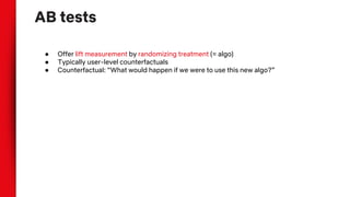 AB tests
● Offer lift measurement by randomizing treatment (= algo)
● Typically user-level counterfactuals
● Counterfactual: “What would happen if we were to use this new algo?”
 