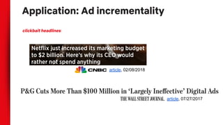 Application: Ad incrementality
article, 02/08/2018
clickbait headlines:
article, 07/27/2017
 