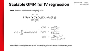 Scalable GMM for IV regression
More likely to sample rows which matter (large instruments): will converge fast
Idea: pairwise importance-sampling SGD
Joint work with T. Jebara,
to be published
 