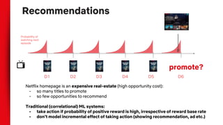 D1 D2 D3 D4 D5
promote?
Probability of
watching next
episode
Recommendations
D6
Netflix homepage is an expensive real-estate (high opportunity cost):
- so many titles to promote
- so few opportunities to recommend
Traditional (correlational) ML systems:
- take action if probability of positive reward is high, irrespective of reward base rate
- don’t model incremental effect of taking action (showing recommendation, ad etc.)
 
