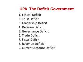 UPA The Deficit Government
1. Ethical Deficit
2. Trust Deficit
3. Leadership Deficit
4. Decision Deficit
5. Governance Deficit
6. Trade Deficit
7. Fiscal Deficit
8. Revenue Deficit
9. Current Account Deficit
 