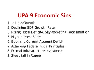 UPA 9 Economic Sins
1. Jobless Growth
2. Declining GDP Growth Rate
3. Rising Fiscal Deficit4. Sky-rocketing Food Inflation
5. High Interest Rates
6. Booming Current Account Deficit
7. Attacking Federal Fiscal Principles
8. Dismal Infrastructure Investment
9. Steep fall in Rupee
 