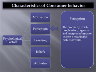 Perception The process by which people select, organize and interpret information to from a meaningful picture of world. 