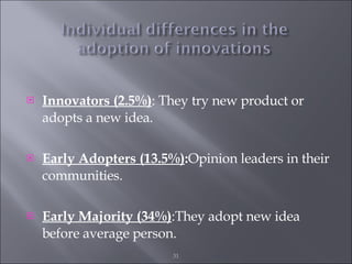 Innovators (2.5%) : They try new product or adopts a new idea. Early Adopters (13.5%) : Opinion leaders in their communities. Early Majority (34%) :They adopt new idea before average person. 