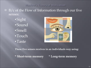 B/c of the Flow of Information through our five senses: Sight  Sound Smell Touch Taste These five senses receives in an individuals way using: * Short-term memory  * Long-term memory 