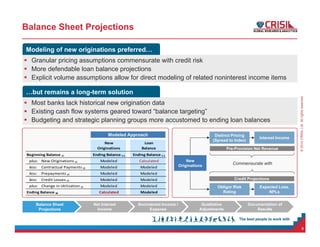 ©2014CRISILLtd.Allrightsreserved.
 Granular pricing assumptions commensurate with credit risk
 More defendable loan balance projections
 Explicit volume assumptions allow for direct modeling of related noninterest income items
 Granular pricing assumptions commensurate with credit risk
 More defendable loan balance projections
 Explicit volume assumptions allow for direct modeling of related noninterest income items
Balance Sheet Projections
9
 Most banks lack historical new origination data
 Existing cash flow systems geared toward “balance targeting”
 Budgeting and strategic planning groups more accustomed to ending loan balances
 Most banks lack historical new origination data
 Existing cash flow systems geared toward “balance targeting”
 Budgeting and strategic planning groups more accustomed to ending loan balances
Modeled ApproachModeled Approach
New
Originations
Distinct Pricing
(Spread to Index)
Obligor Risk
Rating
Interest Income
Expected Loss,
NPLs
Credit Projections
Pre-Provision Net Revenue
Commensurate with
Balance Sheet
Projections
Net Interest
Income
Noninterest Income /
Expense
Documentation of
Results
Qualitative
Adjustments
Modeling of new originations preferred…Modeling of new originations preferred…
…but remains a long-term solution…but remains a long-term solution
New Loan
Originations Balance
Beginning Balance t0 Ending Balance t‐1 Ending Balance t‐1
plus: New Originations t0 Modeled Calculated
less: Contractual Payments t0 Modeled Modeled
less: Prepayments t0 Modeled Modeled
less: Credit Losses t0 Modeled Modeled
plus: Change in Utilization t0 Modeled Modeled
Ending Balance t0 Calculated Modeled
 