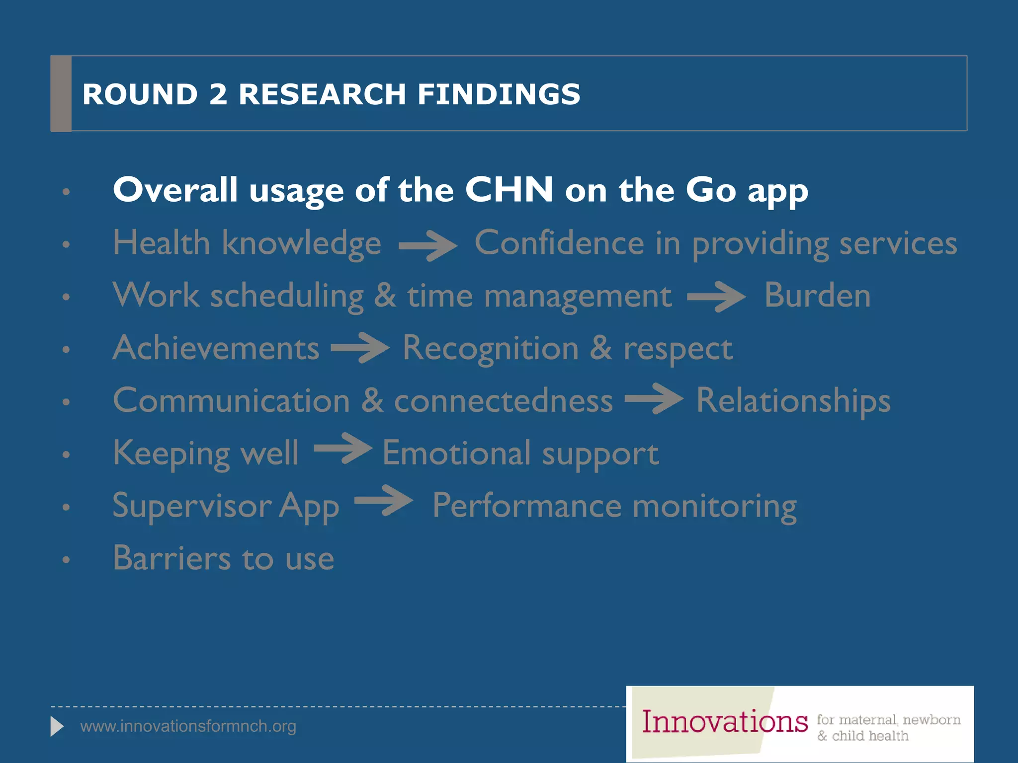 www.innovationsformnch.org
ROUND 2 RESEARCH FINDINGS
• Overall usage of the CHN on the Go app
• Health knowledge Confidence in providing services
• Work scheduling & time management Burden
• Achievements Recognition & respect
• Communication & connectedness Relationships
• Keeping well Emotional support
• Supervisor App Performance monitoring
• Barriers to use
 