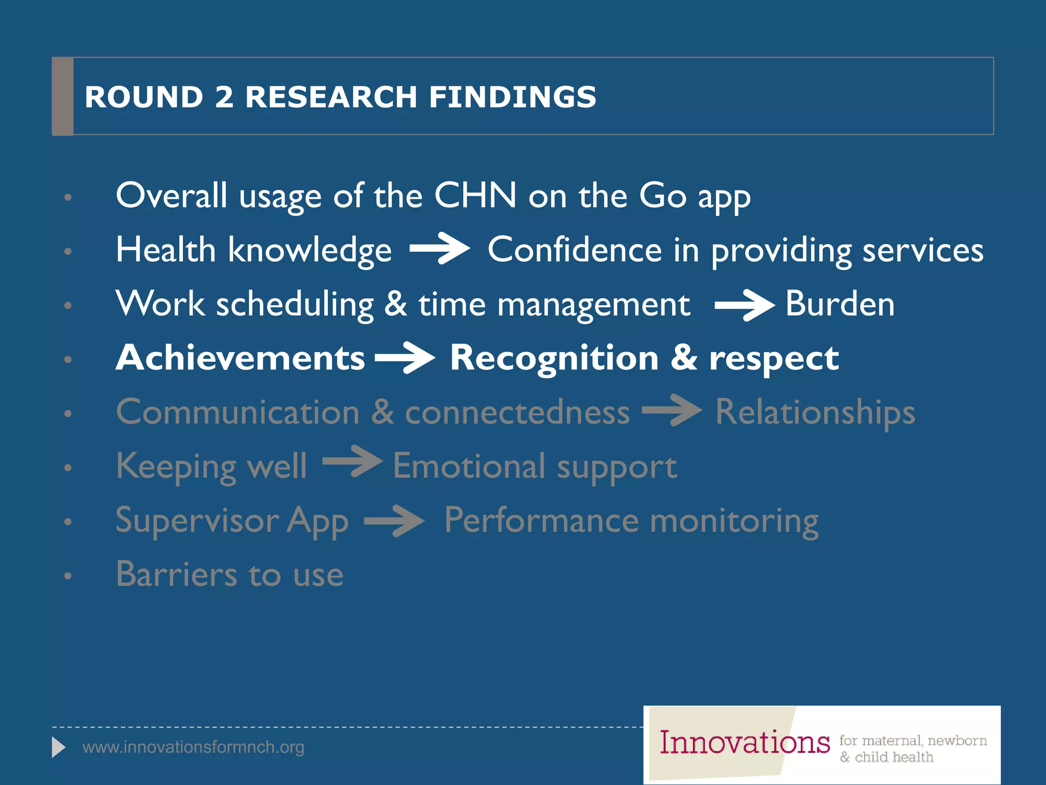 www.innovationsformnch.org
ROUND 2 RESEARCH FINDINGS
• Overall usage of the CHN on the Go app
• Health knowledge Confidence in providing services
• Work scheduling & time management Burden
• Achievements Recognition & respect
• Communication & connectedness Relationships
• Keeping well Emotional support
• Supervisor App Performance monitoring
• Barriers to use
 