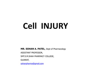 Cell INJURY
MR. SOHAN A. PATEL, Dept of Pharmacology
ASSISTANT PROFESSOR,
SMT.S.M.SHAH PHARMACY COLLEGE,
GUJARAT,
sohanpharma@gmail.com
 