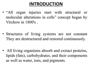 INTRODUCTION
• “All organ injuries start with structural or
molecular alterations in cells” concept began by
Virchow in 1800's .
• Structures of living systems are not constant
They are destructured and restored continuously.
• All living organisms absorb and extract proteins,
lipids (fats), carbohydrates, and their components
as well as water, ions, and pigments.
 