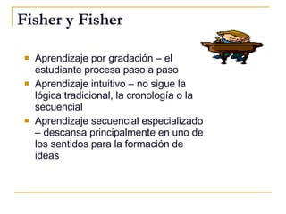 Fisher y Fisher <ul><li>Aprendizaje por gradación – el estudiante procesa paso a paso </li></ul><ul><li>Aprendizaje intuit...