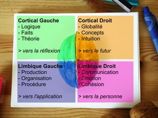Cortical Gauche - Logique - Faits - Théorie   > vers la réflexion Limbique Gauche - Production - Organisation - Procédure   > vers l'application Cortical Droit - Globalité - Concepts  - Intuition   > vers le futur Limbique Droit - Communication - Emotion - Cohésion   > vers la personne 