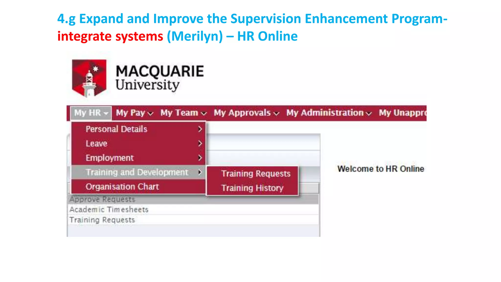 4.g Expand and Improve the Supervision Enhancement Program-
integrate systems (Merilyn) – HR Online
 
