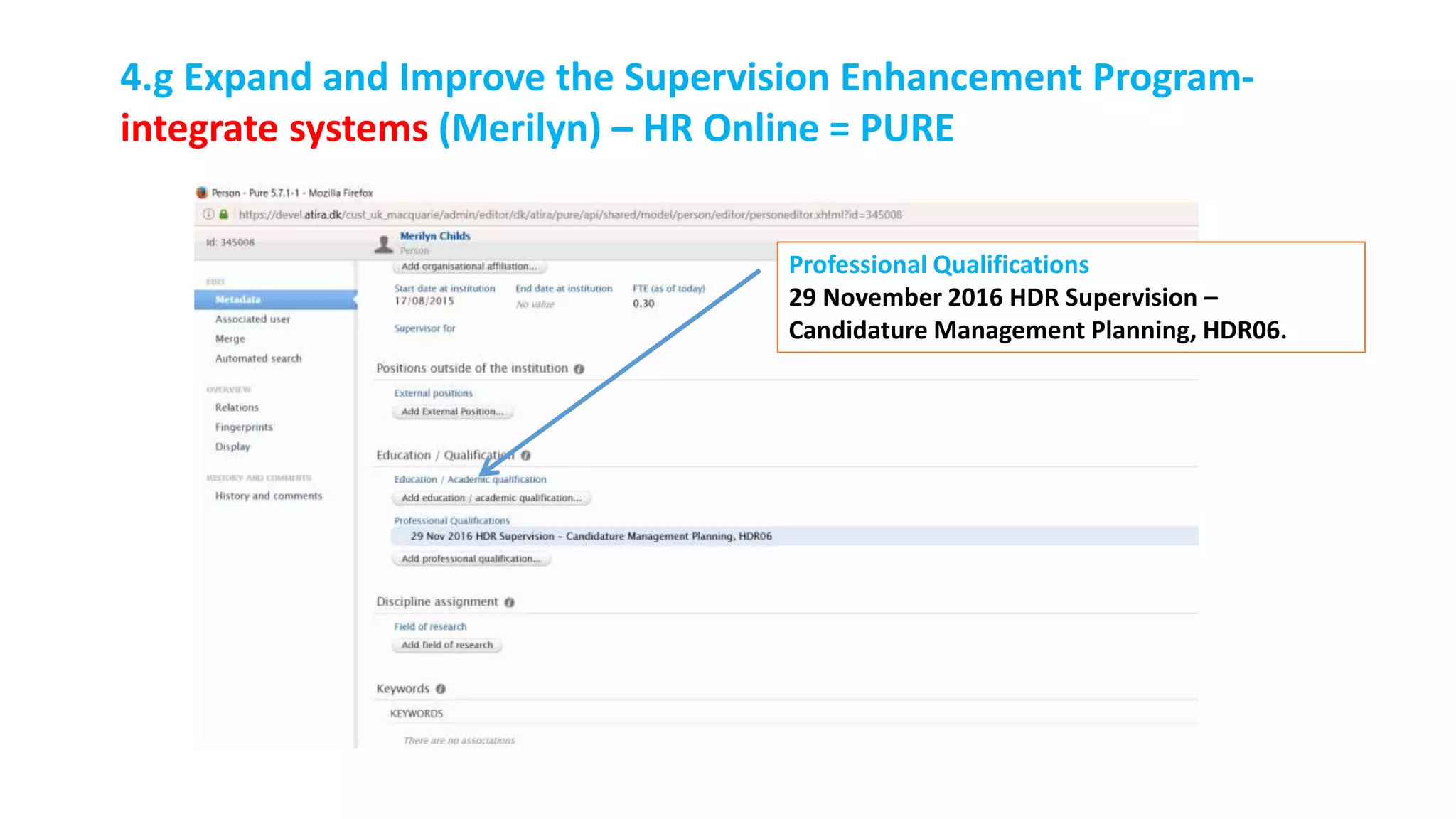 Professional Qualifications
29 November 2016 HDR Supervision –
Candidature Management Planning, HDR06.
4.g Expand and Improve the Supervision Enhancement Program-
integrate systems (Merilyn) – HR Online = PURE
 