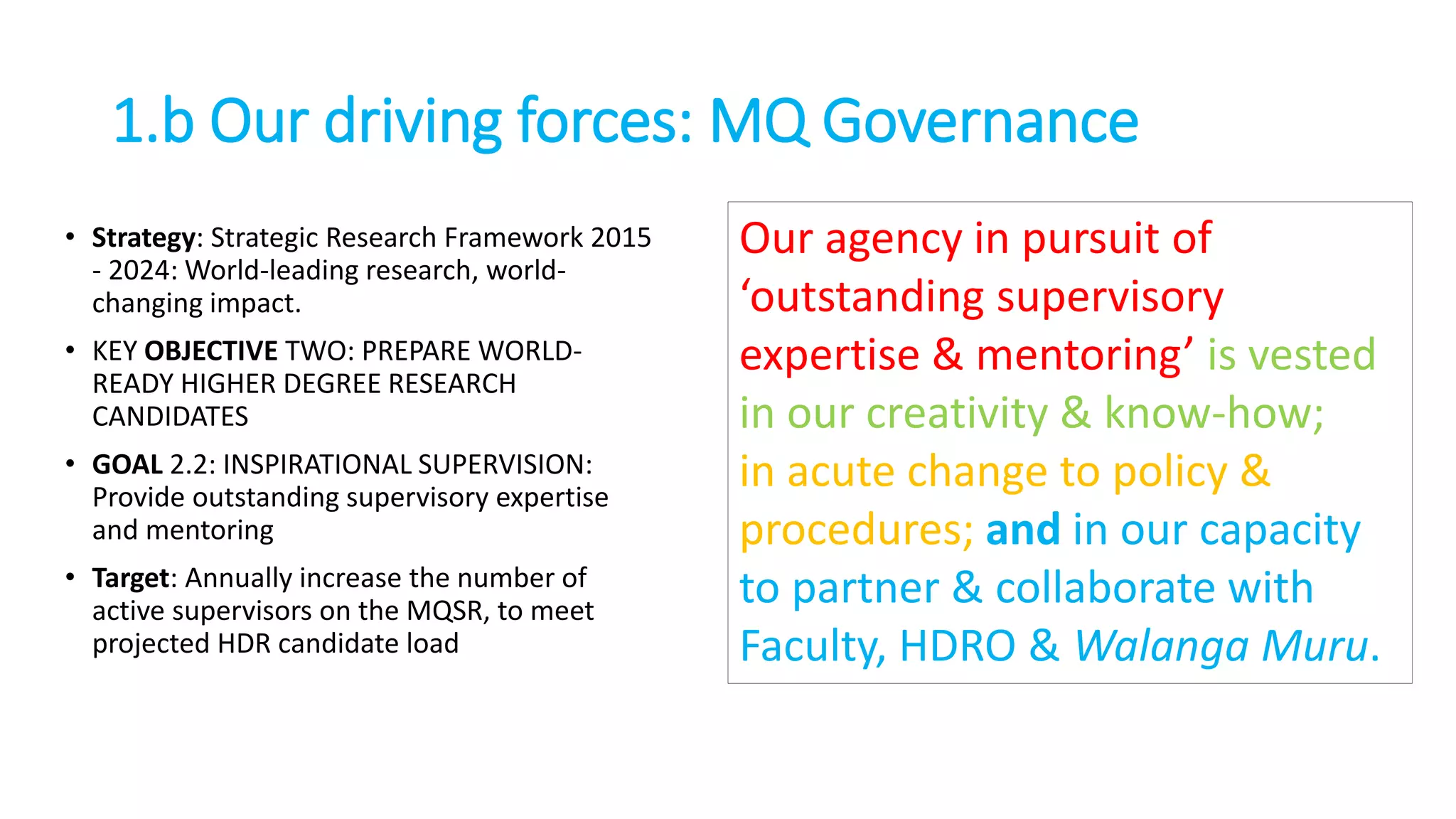 1.b Our driving forces: MQ Governance
• Strategy: Strategic Research Framework 2015
- 2024: World-leading research, world-
changing impact.
• KEY OBJECTIVE TWO: PREPARE WORLD-
READY HIGHER DEGREE RESEARCH
CANDIDATES
• GOAL 2.2: INSPIRATIONAL SUPERVISION:
Provide outstanding supervisory expertise
and mentoring
• Target: Annually increase the number of
active supervisors on the MQSR, to meet
projected HDR candidate load
Our agency in pursuit of
‘outstanding supervisory
expertise & mentoring’ is vested
in our creativity & know-how;
in acute change to policy &
procedures; and in our capacity
to partner & collaborate with
Faculty, HDRO & Walanga Muru.
 
