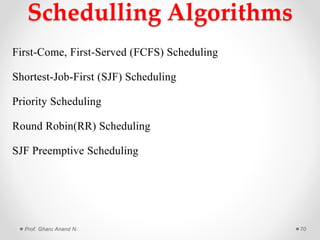 Schedulling Algorithms
First-Come, First-Served (FCFS) Scheduling
Shortest-Job-First (SJF) Scheduling
Priority Scheduling
Round Robin(RR) Scheduling
SJF Preemptive Scheduling
Prof. Gharu Anand N. 70
 