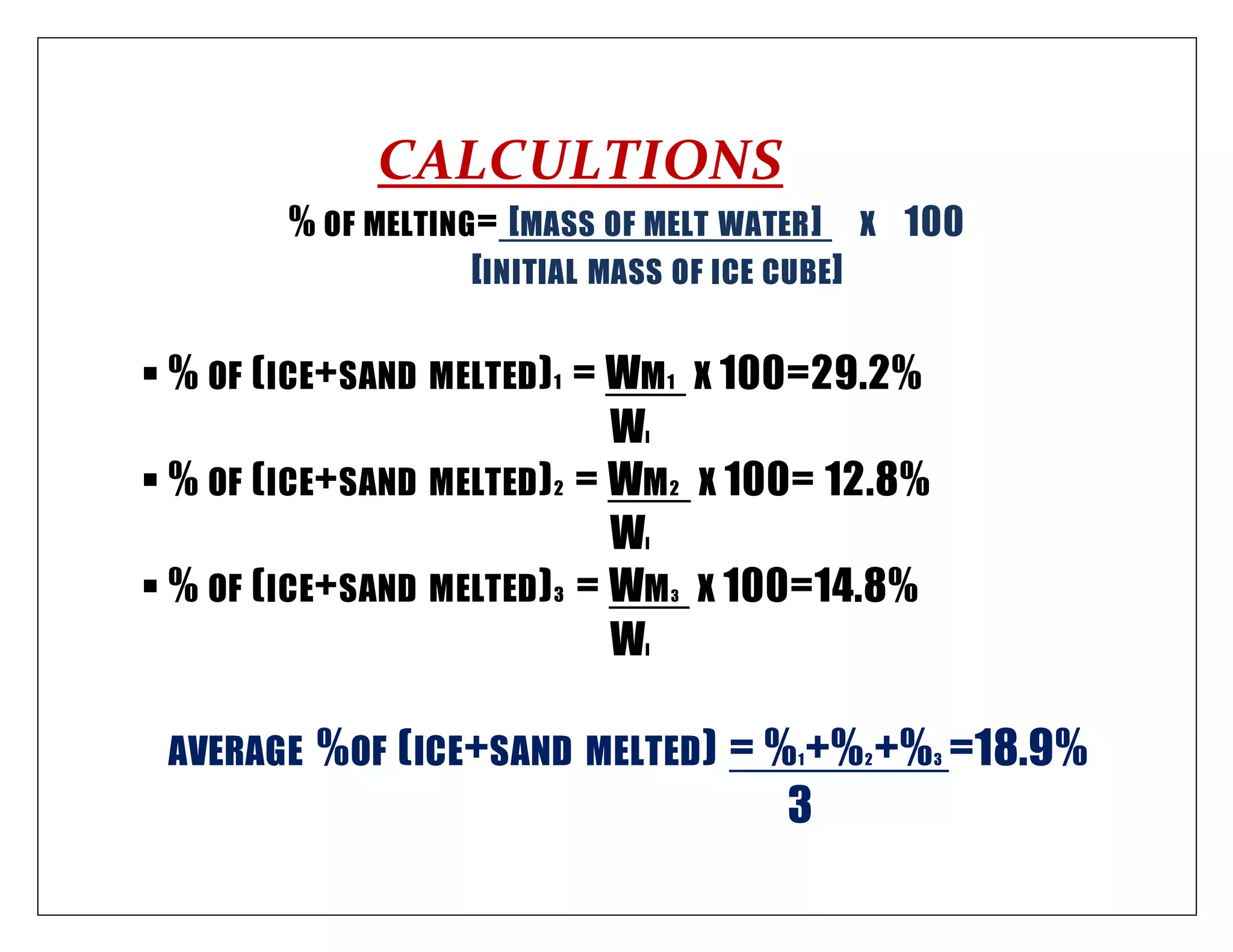 CALCULTIONS
% OF MELTING= [MASS OF MELT WATER] X 100
[INITIAL MASS OF ICE CUBE]
 % OF (ICE+SAND MELTED)1 = WM1 X 100=29.2%
WI
 % OF (ICE+SAND MELTED)2 = WM2 X 100= 12.8%
WI
 % OF (ICE+SAND MELTED)3 = WM3 X 100=14.8%
WI
AVERAGE %OF (ICE+SAND MELTED) = %1+%2+%3 =18.9%
3
 