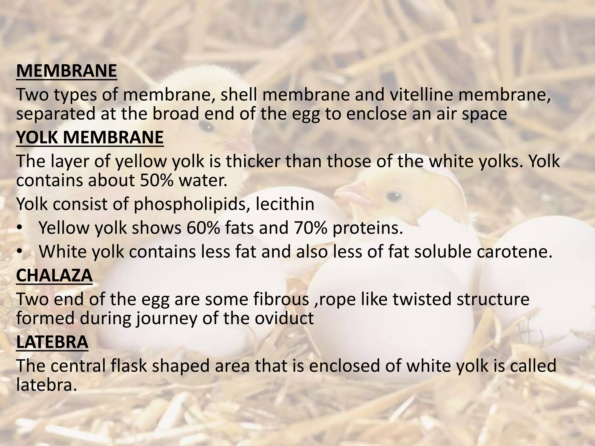MEMBRANE
Two types of membrane, shell membrane and vitelline membrane,
separated at the broad end of the egg to enclose an air space
YOLK MEMBRANE
The layer of yellow yolk is thicker than those of the white yolks. Yolk
contains about 50% water.
Yolk consist of phospholipids, lecithin
• Yellow yolk shows 60% fats and 70% proteins.
• White yolk contains less fat and also less of fat soluble carotene.
CHALAZA
Two end of the egg are some fibrous ,rope like twisted structure
formed during journey of the oviduct
LATEBRA
The central flask shaped area that is enclosed of white yolk is called
latebra.
 