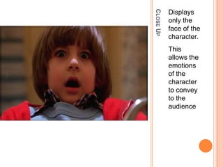 CLOSE UP
           Displays
           only the
           face of the
           character.
           This
           allows the
           emotions
           of the
           character
           to convey
           to the
           audience
 