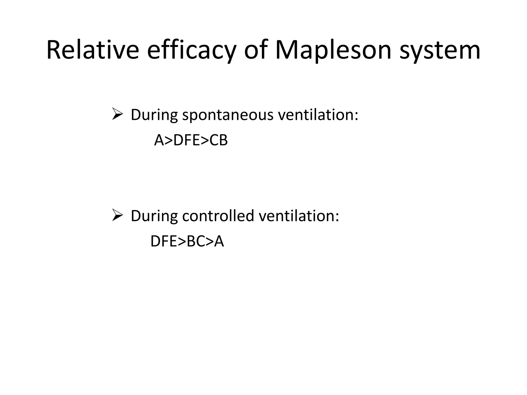 Relative efficacy of Mapleson system
 During spontaneous ventilation:
A>DFE>CB
 During controlled ventilation:
DFE>BC>A
 