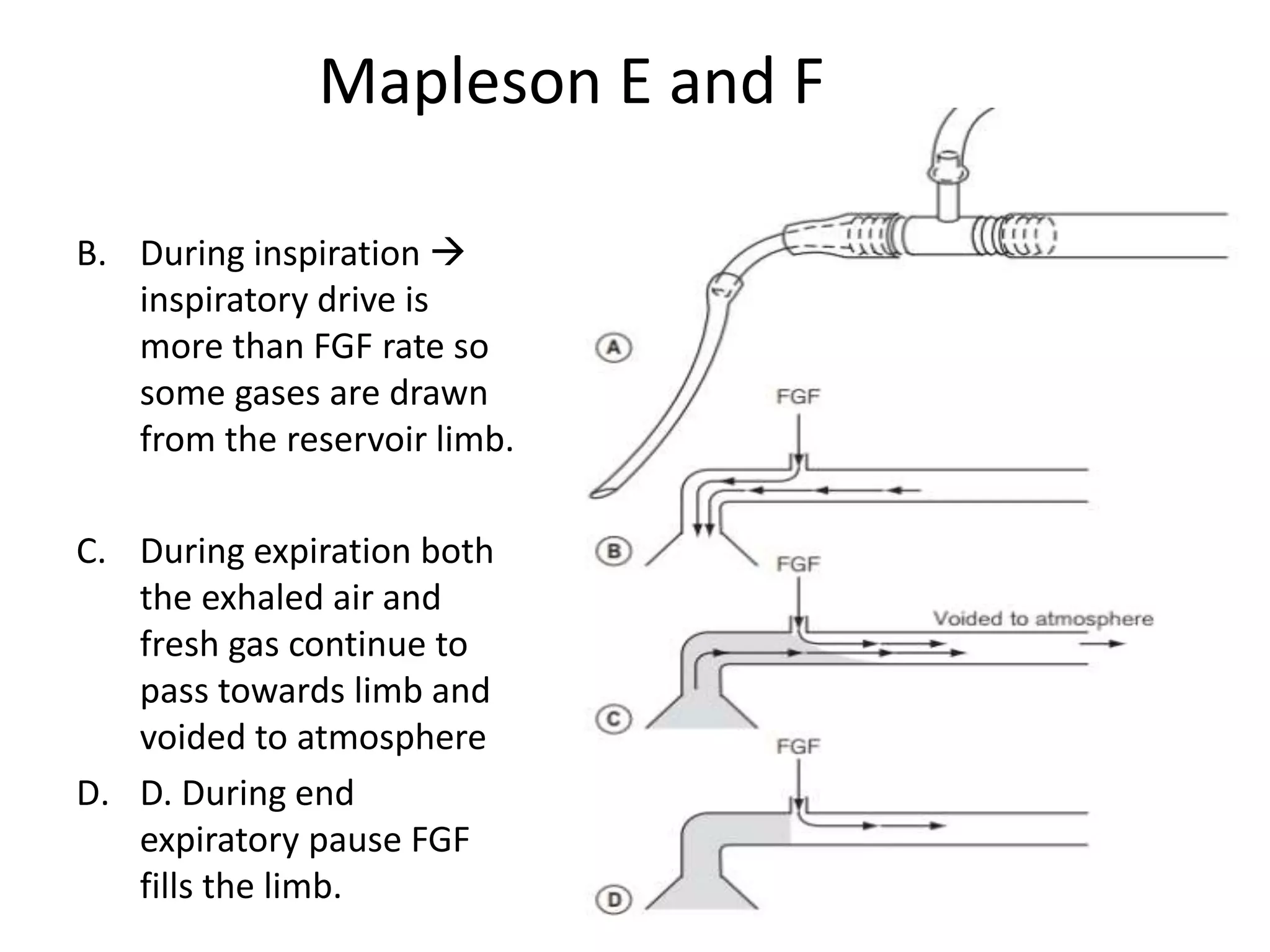 Mapleson E and F
B. During inspiration 
inspiratory drive is
more than FGF rate so
some gases are drawn
from the reservoir limb.
C. During expiration both
the exhaled air and
fresh gas continue to
pass towards limb and
voided to atmosphere
D. D. During end
expiratory pause FGF
fills the limb.
 